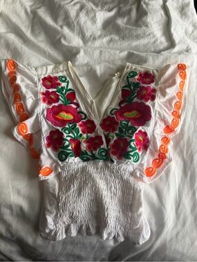 White Embroidered Floral V-Neck Women’s Top
